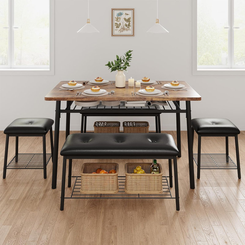 Ensemble de table de salle à manger 5 pièces, ensemble de table de salle à manger avec 2 bancs rembourrés et 2 tabourets carrés