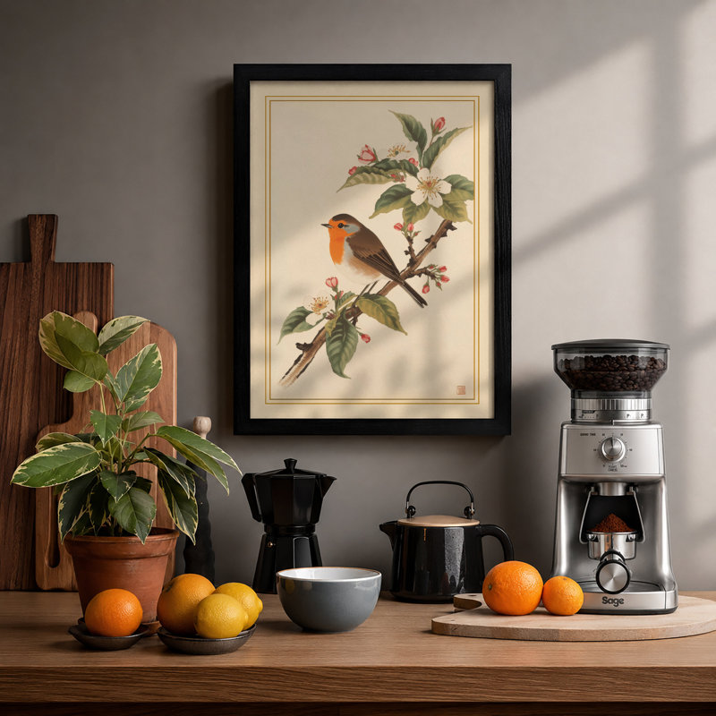 Robin on Blossom Botanical - Framed Print, A1 - 84.1 x 59.4 cm, Black
