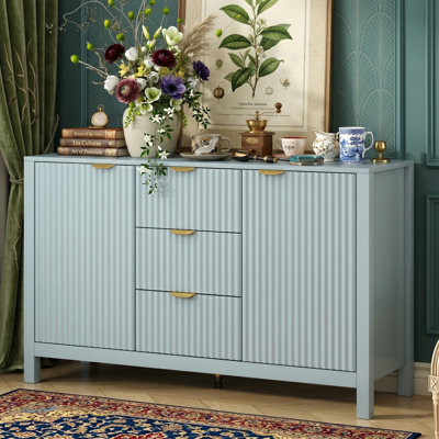 47" Black Sideboard Buffet Cabinet With Wave Design, 3 Drawers Soft-Close Doors Modern Coffee Bar Console Table