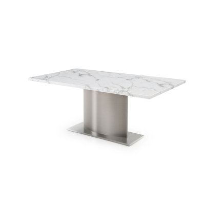 72" Gray White and Silver Marble and Stainless Steel Pedestal Base Dining Table