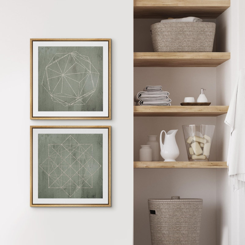 " Green Geometric Polygons Abstract Shapes " 2 - Pieces, 24" H x 24" W, Natural Floater Framed