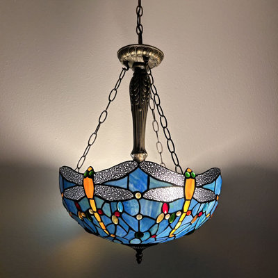 Luminaires suspendus Sroka Tiffany avec libellules en verre coloré bleu l 16 po x P 16 po x H 60 po