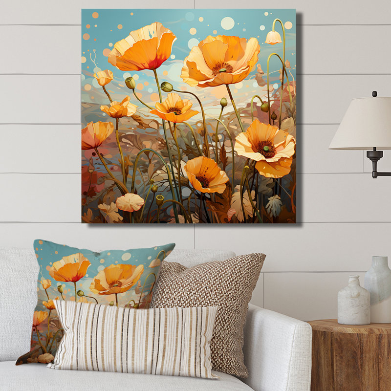 Jaune et vert Poppy Meadows 1 - coquelicots, art mural, Toile tendue, H 16 po x l 16 po x P 1 po