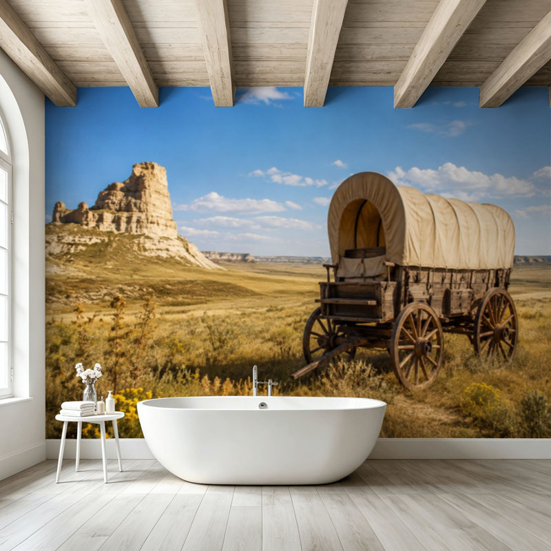 Peel and Stick papier peint wagons couverts Monument national de Bluff, chemin de l'Oregon, Nebraska, art mural auto-adhésif et amovible