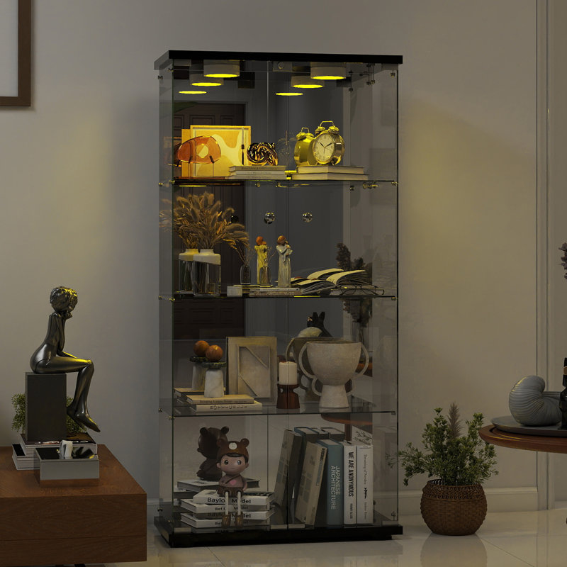 Isabele Tempered Glass Display Cabinet with Mirrored Back Panel, 4-Shelf Curio Cabinet with 2 Door, Black