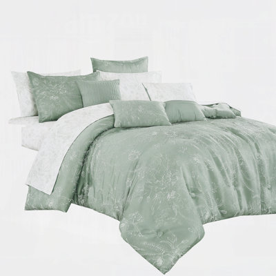 Sage Green Floral Jacquard 10-Piece Bed In A Bag Comforter Set With Decorative Pillows, All Season Bedding,Queen