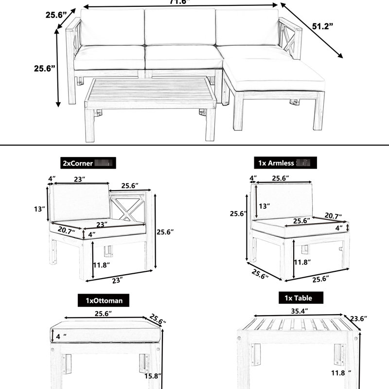 Canapé modulaire en bois pour l'extérieur pour l'extérieur, coussins gris, finition naturelle, 2 canapés d'angle, 1 sans accoudoirs, table à thé pour l'extérieur