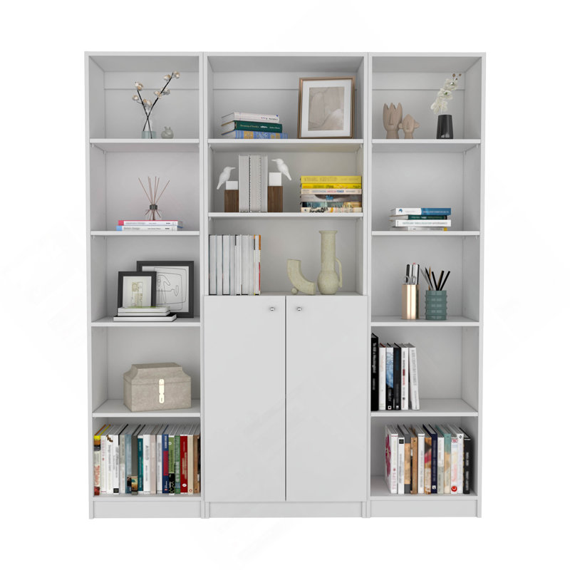 June 3 Piece Home Bookcase Set, 60" Wide With 13 Shelves And 2-Door Cabinet ,  Living Room Set  White, White