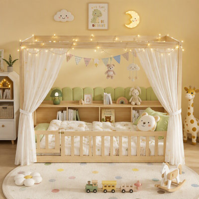 Lit Montessori au sol, taille standard, avec niches de rangement dans la tête de lit, barrières de sécurité sur les 4 côtés et porte d'accès, couleur naturelle