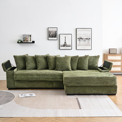 Velours côtelé de 111,4 po, porte-gobelets, méridienne réversible pour coussins en mousse pratiques, fonctions des accoudoirs
