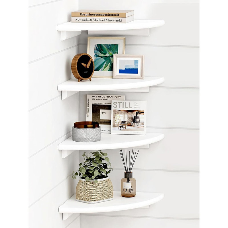 Corner Floating Shelves Set Of 4, White Rounded Wood Wall Shelves For Small Spaces
