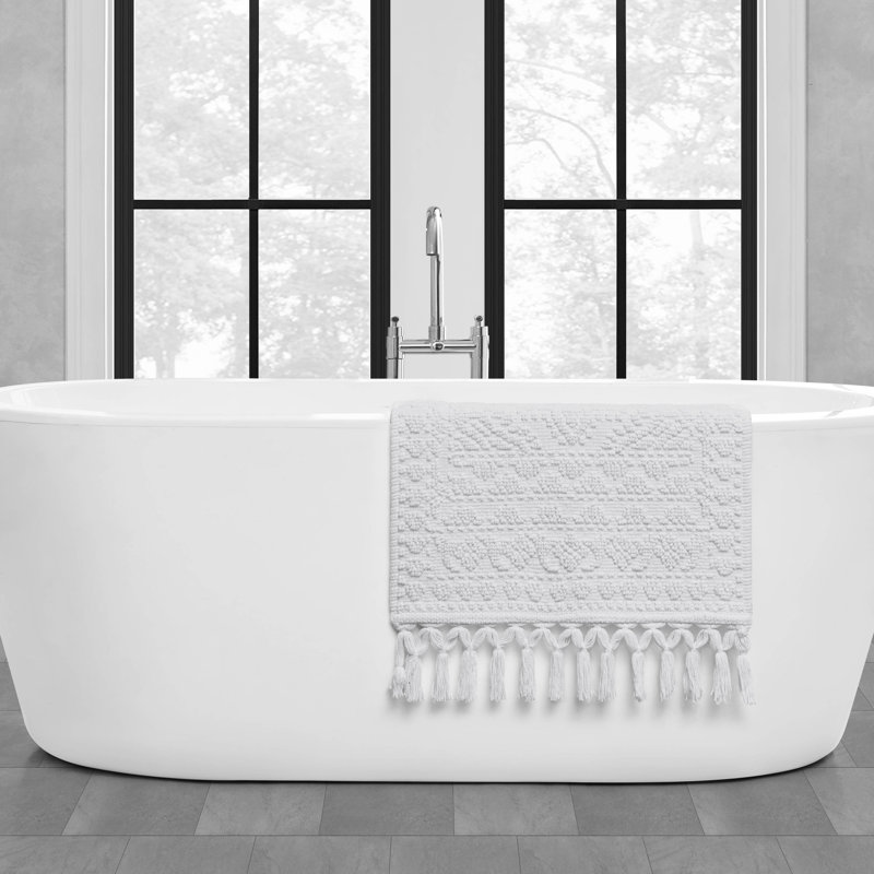 French Connection Nellore Fringe Machine Washable Cotton Bath Rug, Natural White, 28" L x 17" W