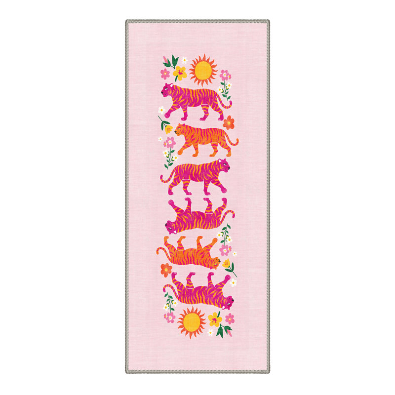 Machine Washable Non Slip Pink Tiger Floral Runner Rug Hallway Runner Carpet, Runner 2'6" x 8'
