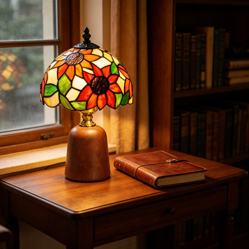 Lampe de table en verre coloré Tiffany de style tournesol avec base en bois massif, lampe de chevet à intensité variable pour la lecture, la bibliothèque et la maison, comprend une ampoule G45