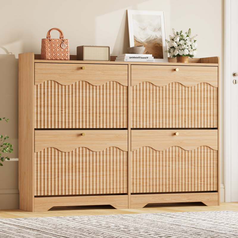 Armoire à chaussures cannelée l 47,2 po avec 4 tiroirs rabattables et tablettes réglables, rangement autoportant étroit pour le vestibule