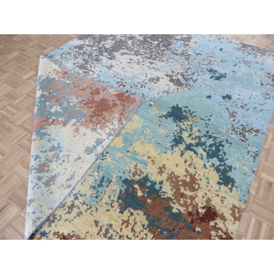 Tapis unique en laine noué à la main gris / bleu 8 pi x 9 pi 11 po Mahue