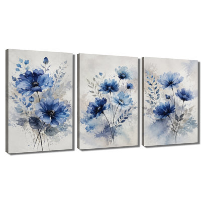 3 panneaux muraux à l'aquarelle sur toile à motif floral bleu pour le salon
