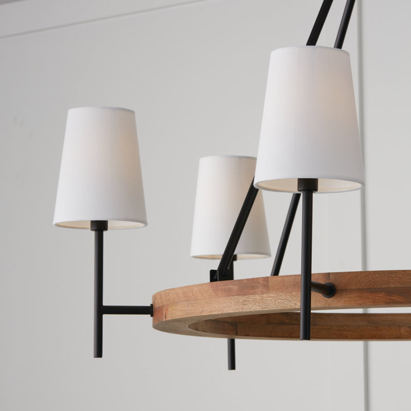 Large Matte Black and Light Wood Chandelier with White Fabric Shades