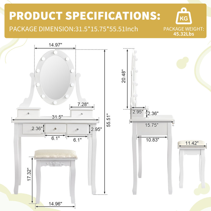  White Vanity Set with LED Mirror & Stool – Stylish Storage for Your Beauty Routine