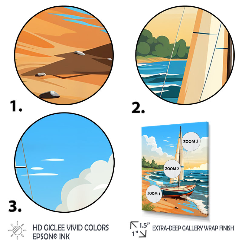 Illustration rétro d'un voilier blanc sur le rivage, H 32 po x l 16 po x P 1 po, Toile tendue
