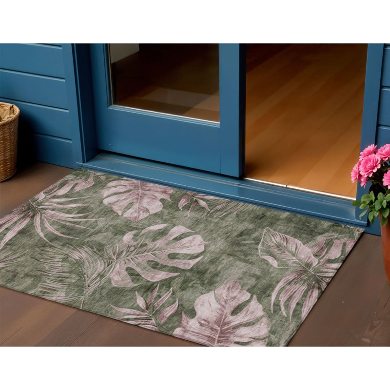 Tapis intérieur/extérieur lavable, vert olive et rose poudré à motifs floraux, 90 x 150 cm