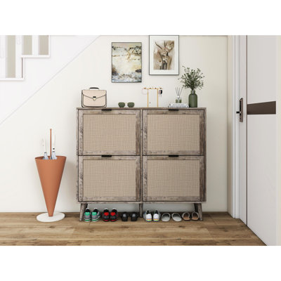 4 Door Shoe Stand Cabinet, Modern Freestanding, Dark Grey, 88Lb Load, Engineered , Double-Layer Configuration, Horizontal Bar For Stronger Stability Entryway Storage, Capacity, Setup, Bar, Functional