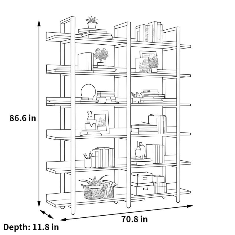 A versatile and fashionable bookcase, (6 Shelves) 86.6"H x 70.8"W x 11.8"D