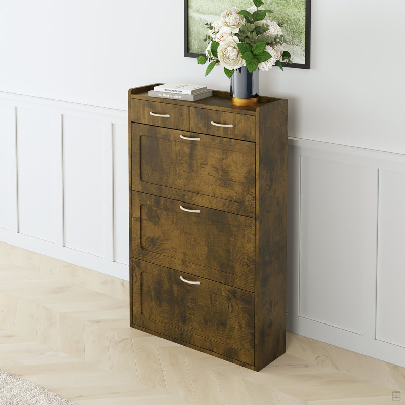 Armoire à chaussures en bois massif, armoire de rangement à chaussures à trois couches, Brun