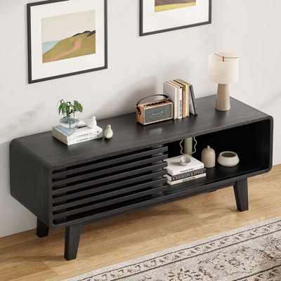 Meuble télé pour téléviseur de 59 po ou moins, meuble audio-vidéo avec meuble de rangement et porte coulissante, console de style Mid-Modern Century pour salon, chambre à coucher, noir, 46 po