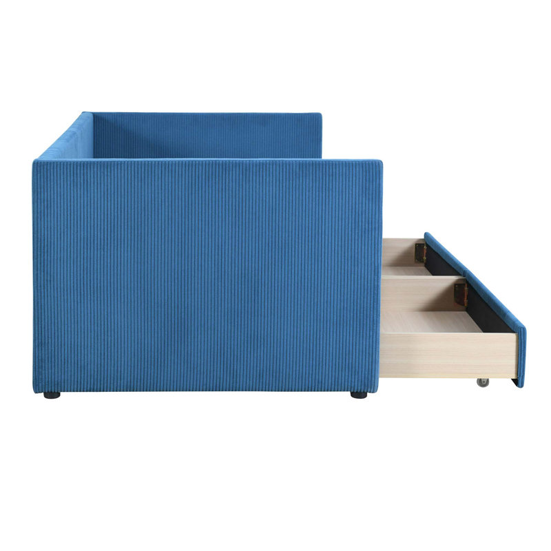 Twin Size Corduroy Daybed With Two Drawers And Wood Slat, Blue