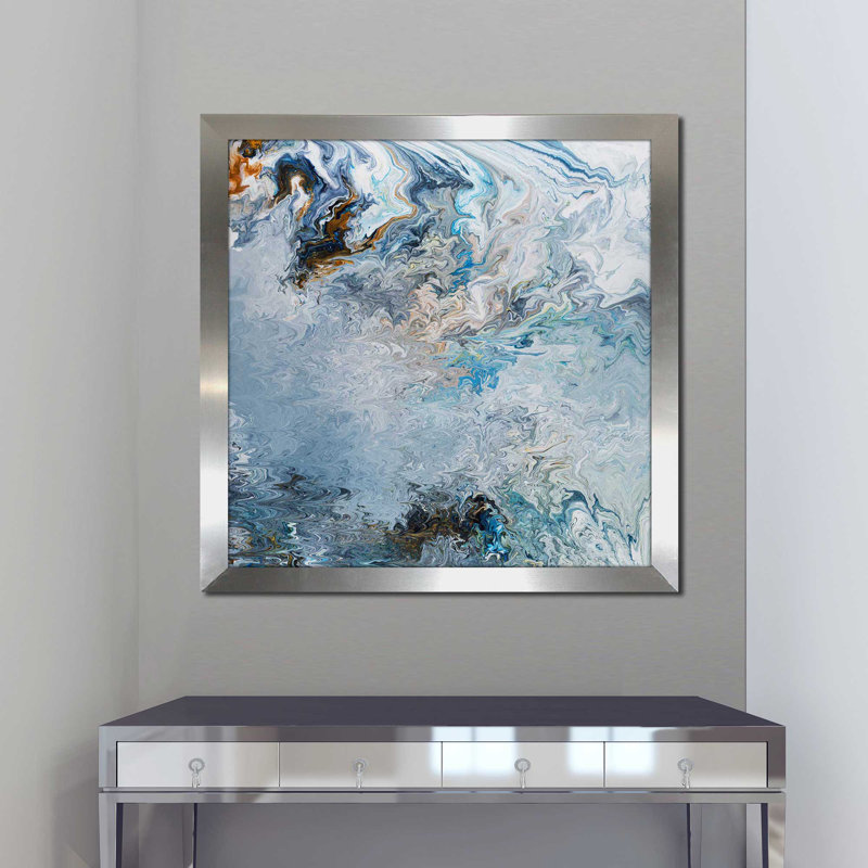«Reading the actuel», peinture sur toile à cadre flottant, H 31,5 po x l 31,5 po x P 1 po, Encadrement argenté