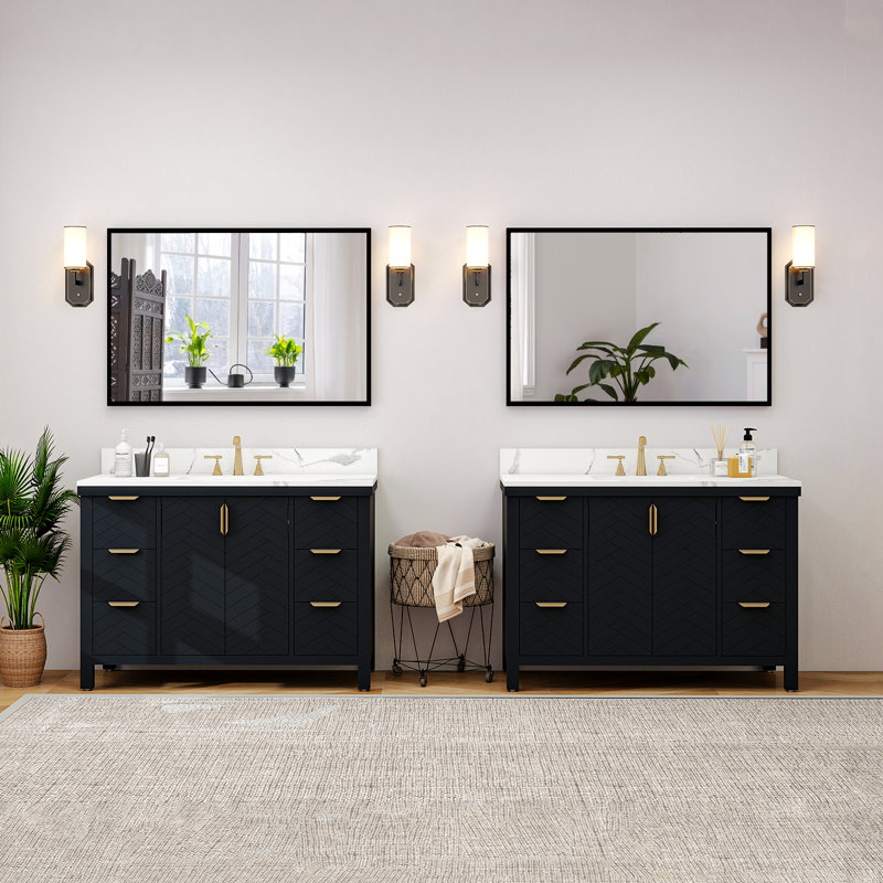 Meuble-lavabo simple 48 po avec comptoir en pierre reconstituée avec lavabo, Noir, noir, noir, noir