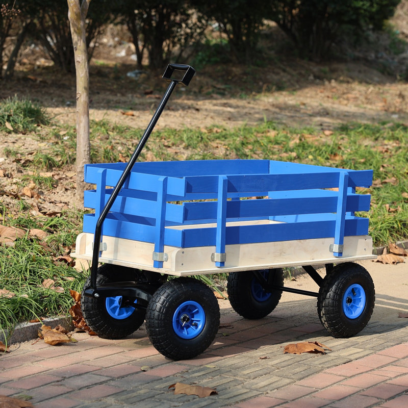 Chariot de chariot en bois avec poignée pliante, chariot utilitaire tout-terrain robuste pour l'extérieur, le jardin, le camping et la plage - chariot utilitaire à tirer classique