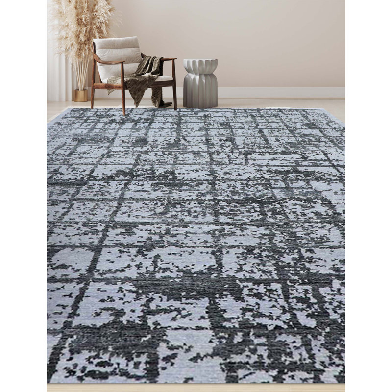 Tapis argenté et noir noué à la main de haute qualité, Rectangle 8 pi x 10 pi