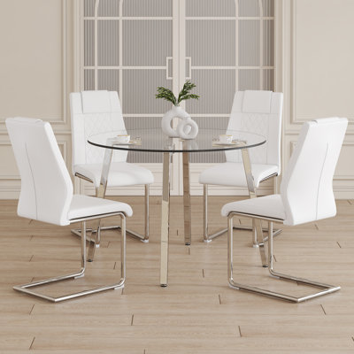  5pcs Round Glass Dining Table Set with PU Leather High Back Chairs and Chrome Legs, Modern Style, White