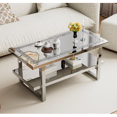 Table basse en miroir avec rangement à 2 niveaux, table de salon rectangulaire argentée avec diamant concassé