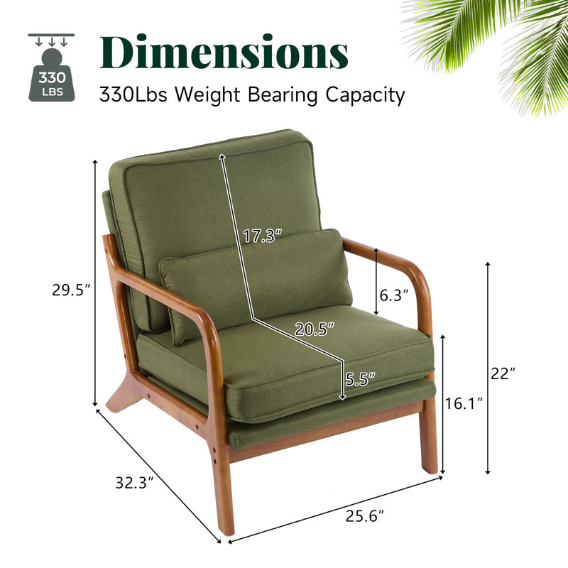 Lemley Mid Century Solid Wood Accent Chair Upholstered Armchair With An Extra Pillow （Set Of 2), Green Linen Blend