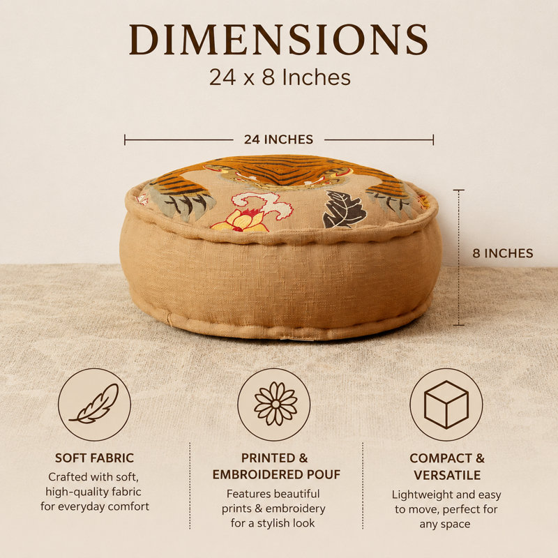 Embroidered Tiger Floor Pouf Cushion, 24x8 Inch Round Cotton Pouf Ottoman, Decorative Boho Floor Pillow with Polyester Filling for Living Room