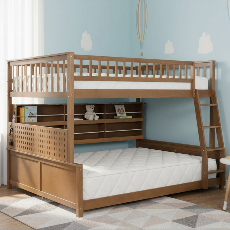 Solid Wood Full XL Over Queen Bunk Bed with Integrated Shelving, Color-Changing Lights and Pegboard for Bedroom, Brown