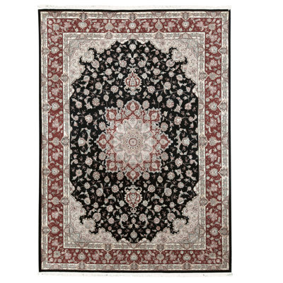 Tapis noir et rouge noué à la main de haute qualité