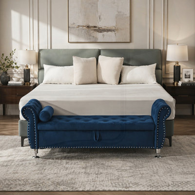 Banc de rangement en velours de 62,2 pouces avec boutons en cristal et 1 coussin, idéal pour l'organisation de la chambre à coucher et du salon