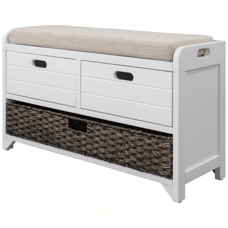Storage Bench With Removable Basket And 2 Drawers, Fully Assembled Shoe Bench With Removable Cushion (White), Shoe Storage