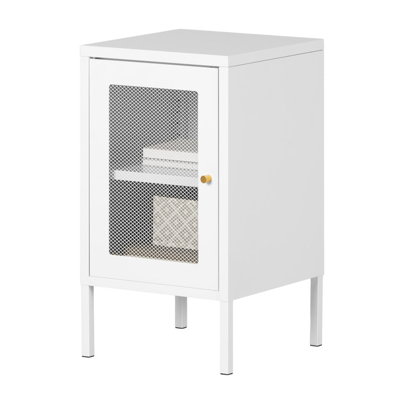 White Metal End Table with Perforated Mesh Door and Storage