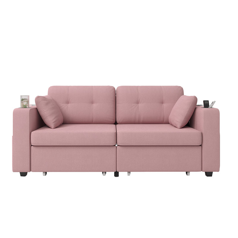 Canapé modulaire moderne à 3 places, canapé en chenille avec port USB et porte-gobelet, facile à installer, Rose