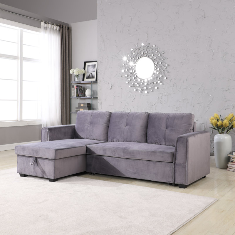 Upholstered L-Shaped Sectional Reversible, Gray Velvet