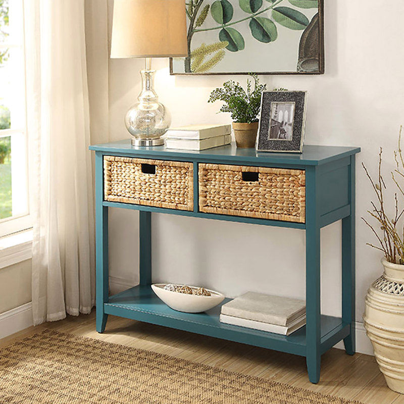 Console rectangulaire bleu sarcelle avec rangements intégrés : 2 tiroirs et une tablette inférieure. Construction en bois massif. Parfait pour une entrée. Pieds stables pour utilisation dans le salon.