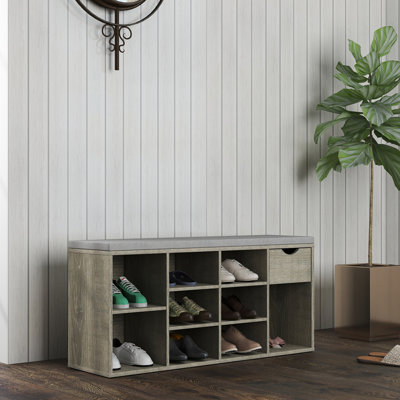 Multifunctional Entryway Shoe Bench with Padded Cushion, Drawer, and Open Compartments for Storage and Comfort