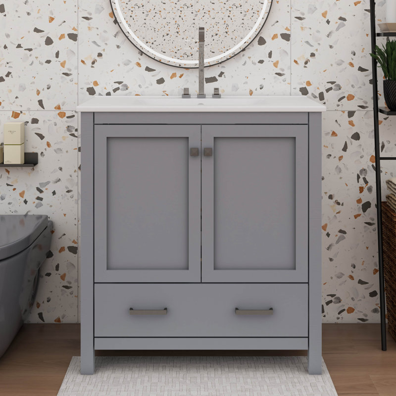 Meuble-lavabo de salle de bain à la mode avec 1 tiroir et tablette de porte double couche, Gris