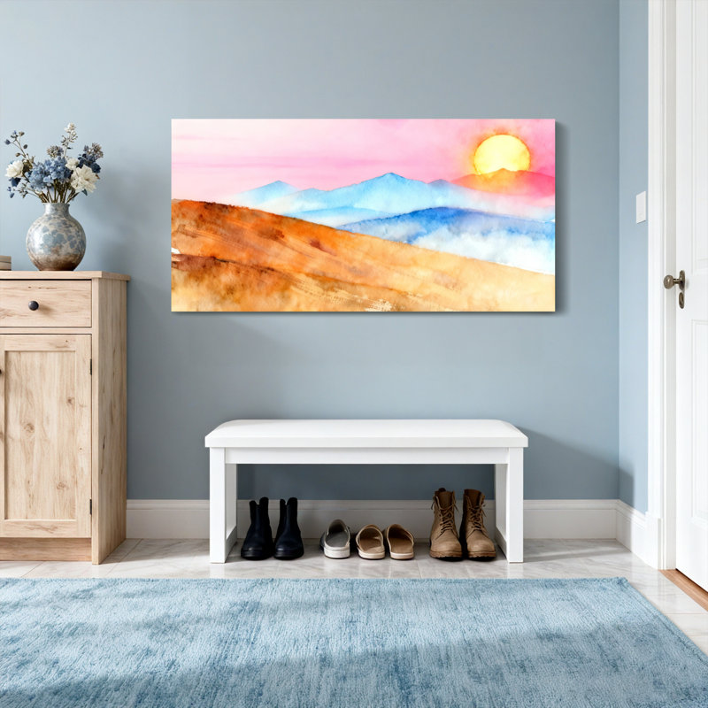 Paysage et nature, coucher de soleil sur une montagne, art à l'aquarelle, H 24 po x l 48 po