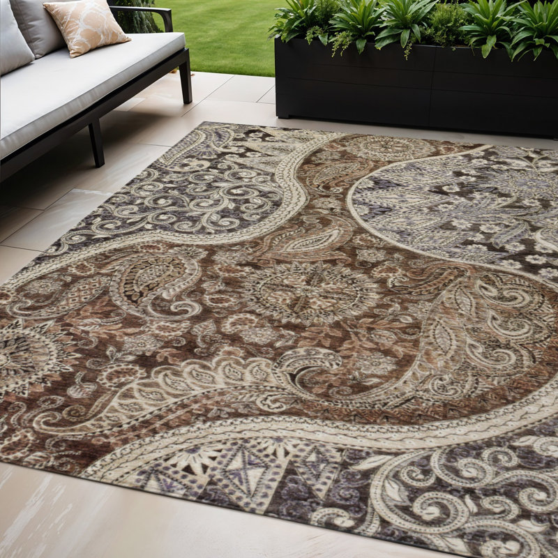 HomeRoots 3' X 5' Brown Beige And Tan Floral Medallion Washable Indoor Outdoor Area Rug